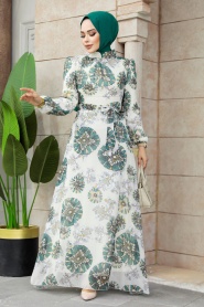 Neva Style - Çiçek Desenli Ekru Tesettür Elbise 279320E - Thumbnail