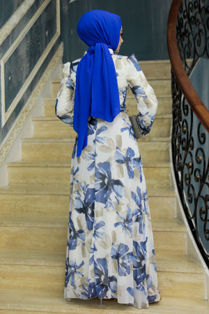 Neva Style - Çiçek Desenli Ekru Tesettür Elbise 279322E - 3