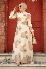 Neva Style - Çiçek Desenli Ekru Tesettür Elbise 279323E - Thumbnail