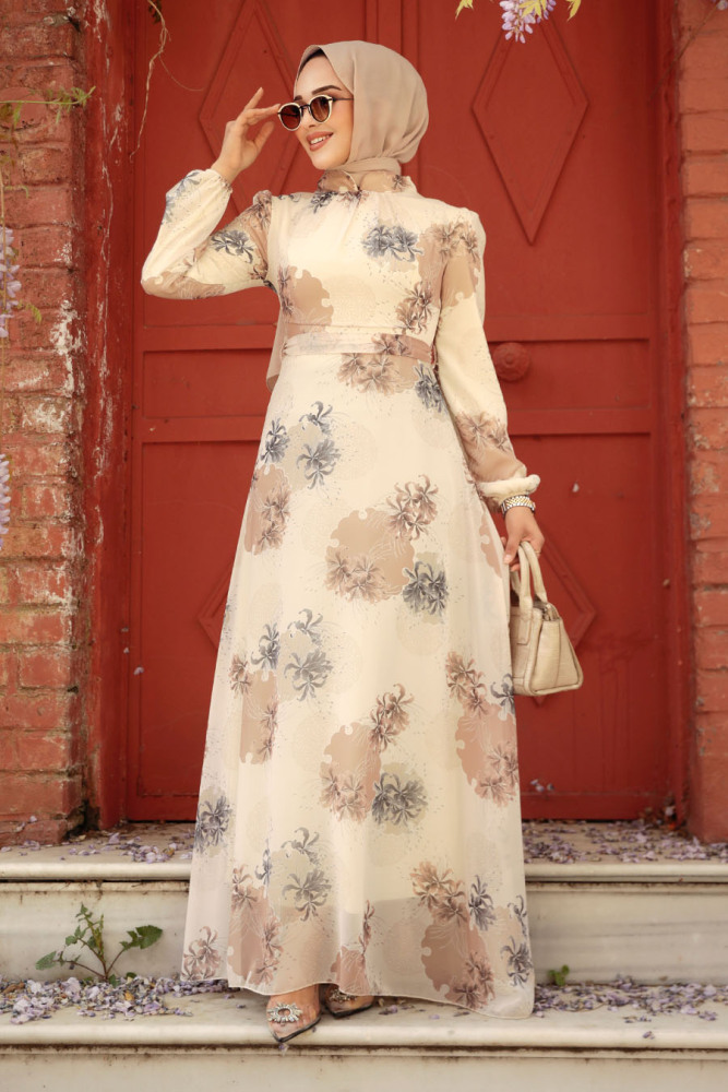 Neva Style - Çiçek Desenli Ekru Tesettür Elbise 279323E - 1
