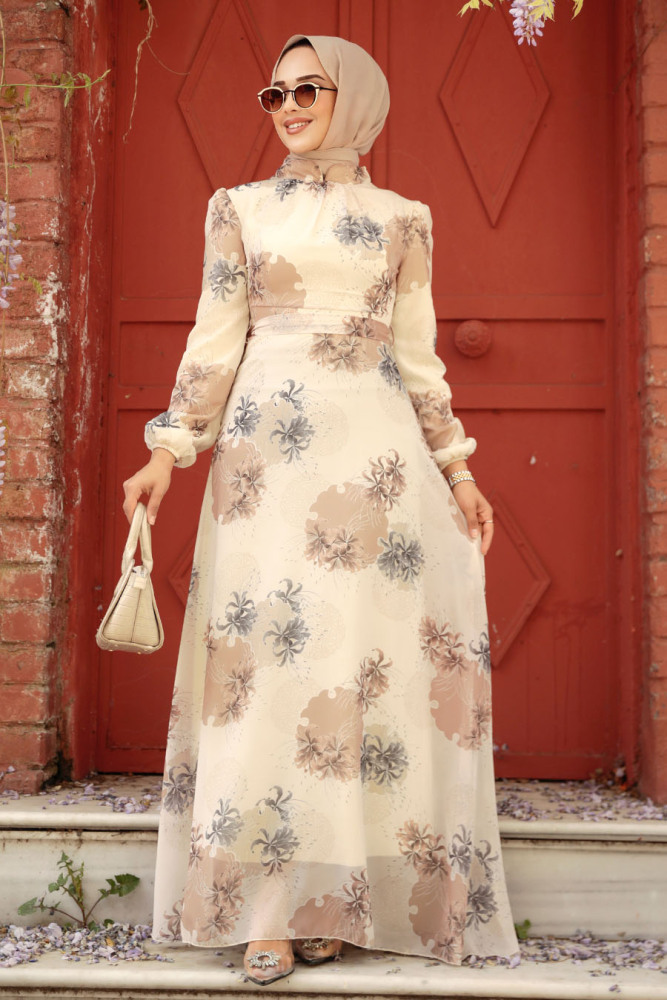 Neva Style - Çiçek Desenli Ekru Tesettür Elbise 279323E - 2