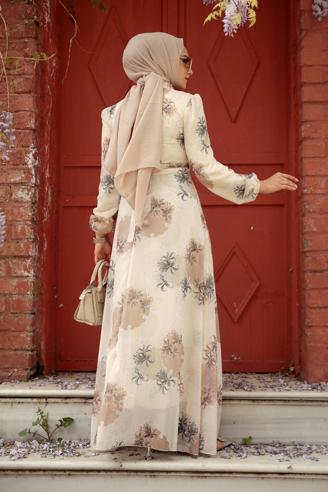 Neva Style - Çiçek Desenli Ekru Tesettür Elbise 279323E - 4