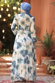 Neva Style - Çiçek Desenli Ekru Tesettür Elbise 279325E - Thumbnail