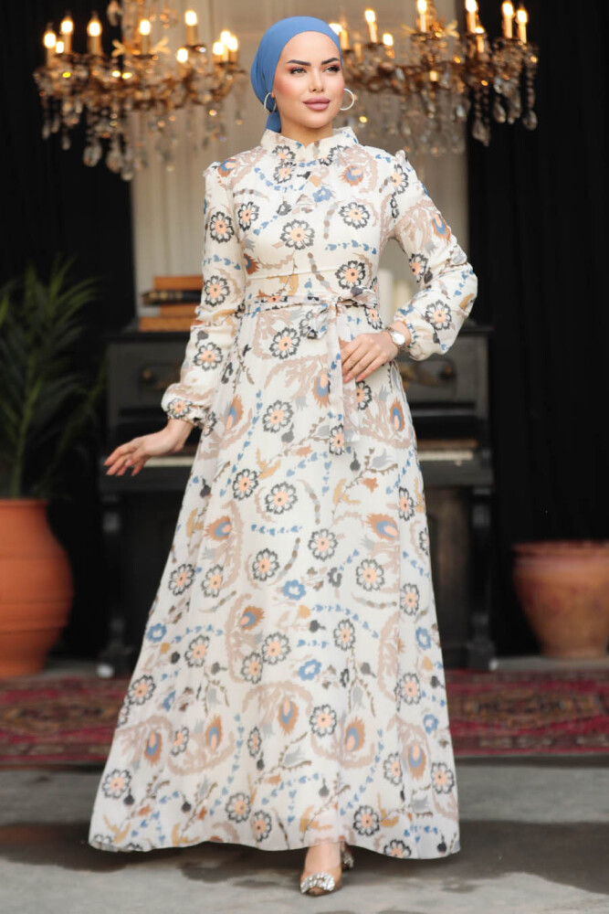 Neva Style - Çiçek Desenli Ekru Tesettür Elbise 279326E - 1