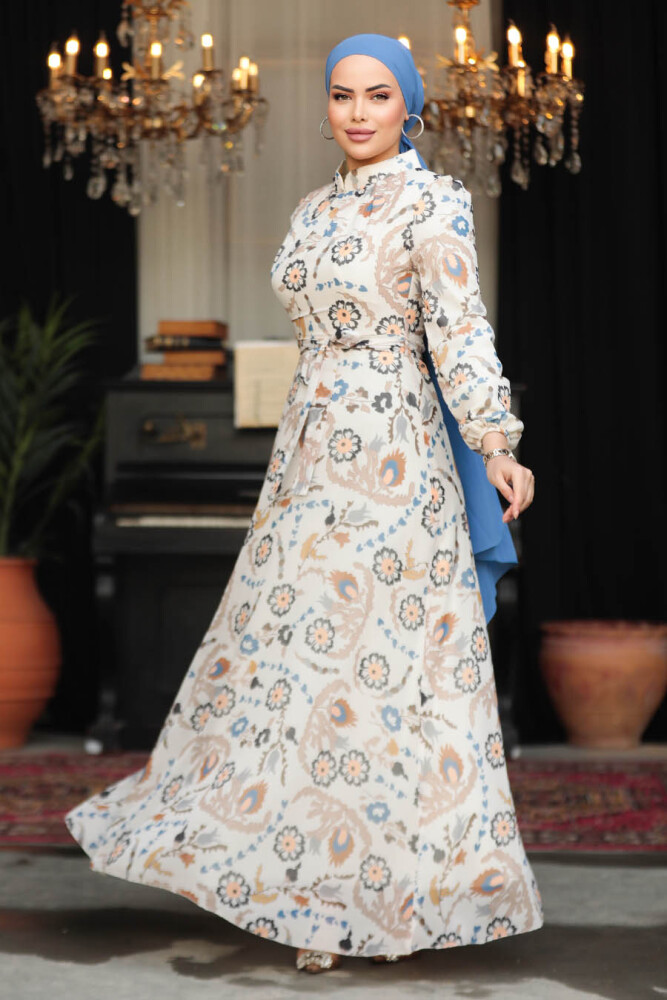 Neva Style - Çiçek Desenli Ekru Tesettür Elbise 279326E - 2