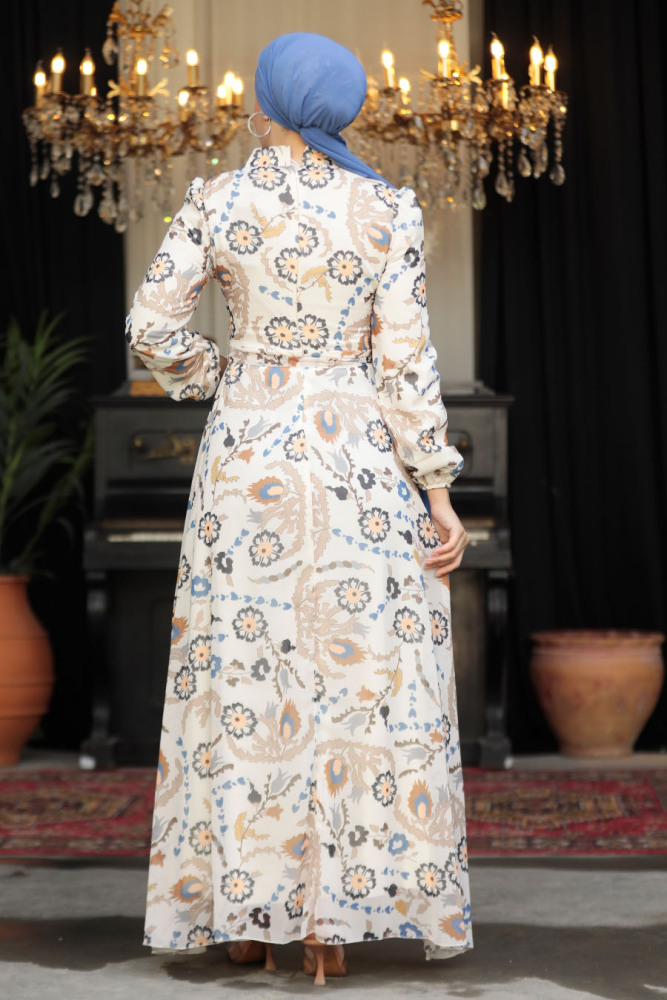 Neva Style - Çiçek Desenli Ekru Tesettür Elbise 279326E - 3
