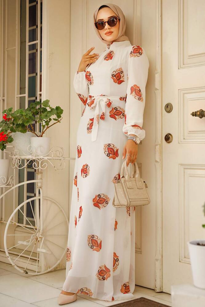 Neva Style - Çiçek Desenli Ekru Tesettür Elbise 27937E - 2