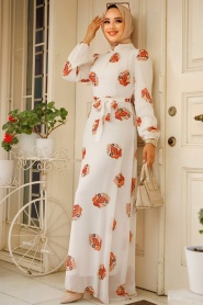 Neva Style - Çiçek Desenli Ekru Tesettür Elbise 27937E - Thumbnail