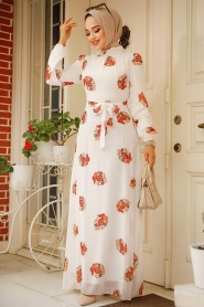 Neva Style - Çiçek Desenli Ekru Tesettür Elbise 27937E - Thumbnail