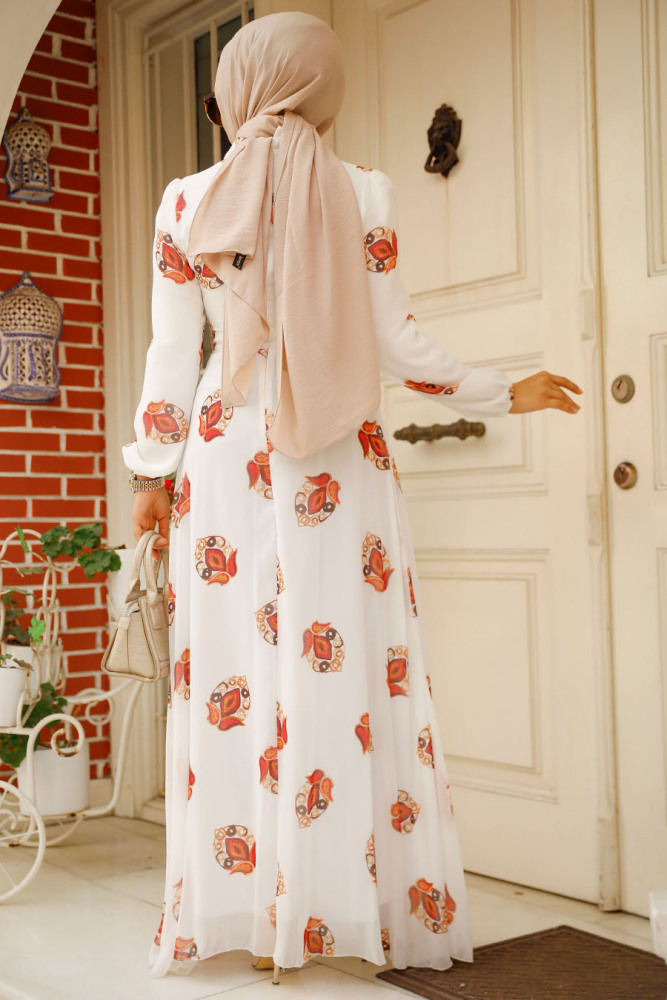 Neva Style - Çiçek Desenli Ekru Tesettür Elbise 27937E - 4