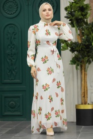 Neva Style - Çiçek Desenli Ekru Tesettür Elbise 27943E - Thumbnail