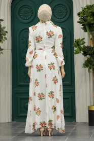 Neva Style - Çiçek Desenli Ekru Tesettür Elbise 27943E - Thumbnail