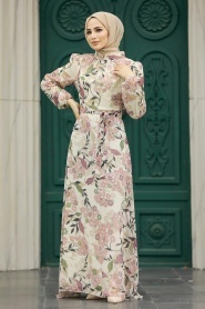 Neva Style - Çiçek Desenli Ekru Tesettür Elbise 27950E - Thumbnail