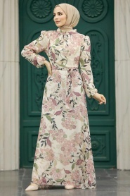 Neva Style - Çiçek Desenli Ekru Tesettür Elbise 27950E - Thumbnail