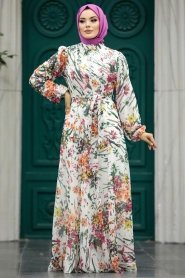 Neva Style - Çiçek Desenli Ekru Tesettür Elbise 30057E - Thumbnail