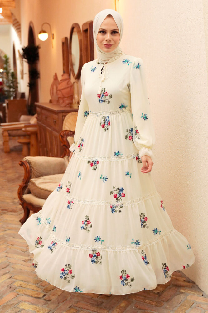 Neva Style - Çiçek Desenli Ekru Tesettür Elbise 32811E - 1
