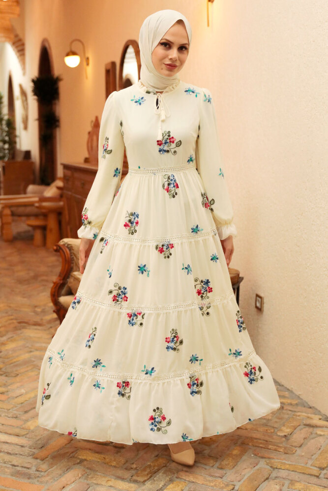 Neva Style - Çiçek Desenli Ekru Tesettür Elbise 32811E - 2