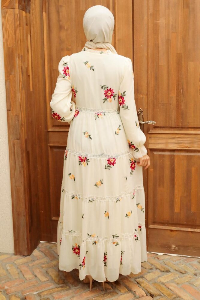 Neva Style - Çiçek Desenli Ekru Tesettür Elbise 32812E - 2