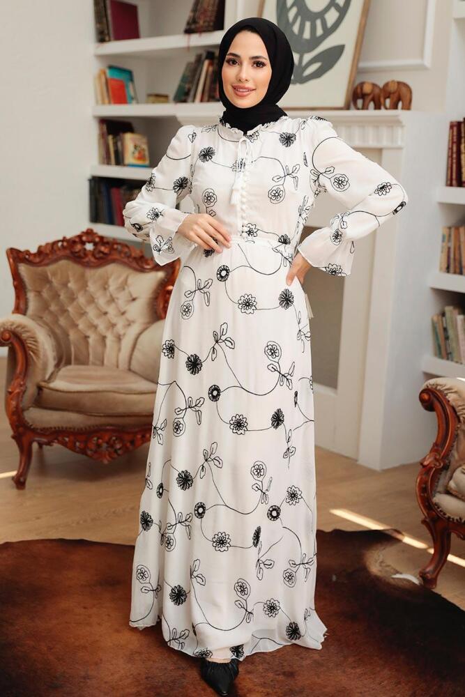 Neva Style - Çiçek Desenli Ekru Tesettür Elbise 32944E - 1