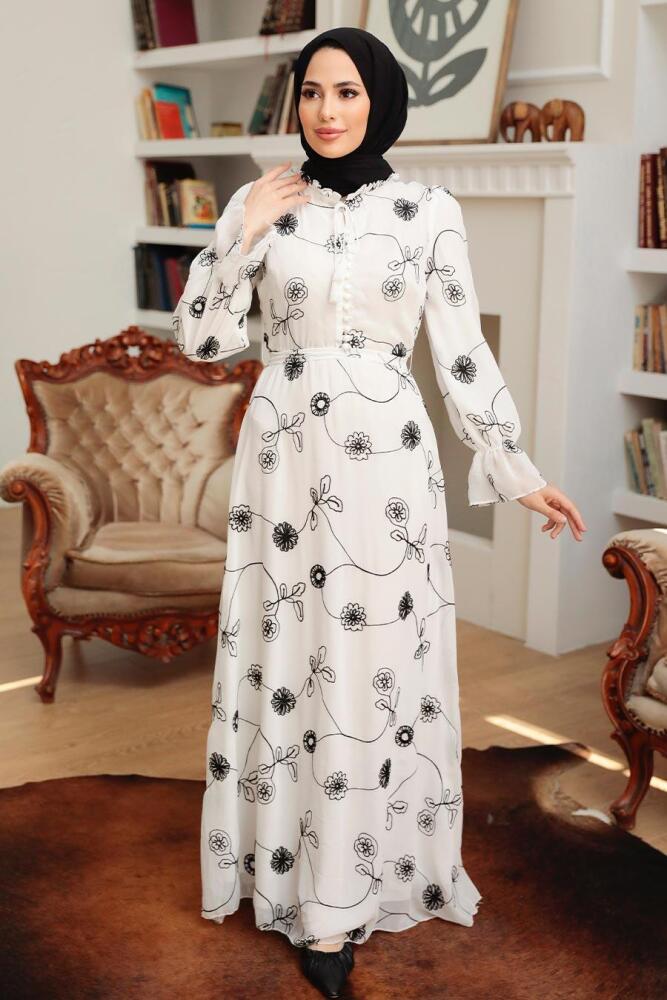 Neva Style - Çiçek Desenli Ekru Tesettür Elbise 32944E - 2