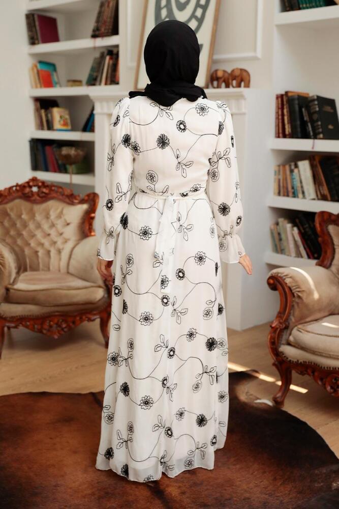 Neva Style - Çiçek Desenli Ekru Tesettür Elbise 32944E - 3