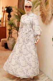 Neva Style - Çiçek Desenli Ekru Tesettür Elbise 56830E - Thumbnail
