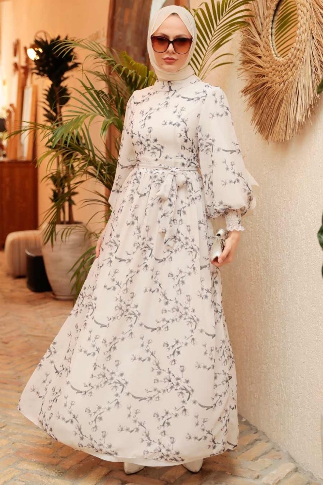 Neva Style - Çiçek Desenli Ekru Tesettür Elbise 56830E - 1