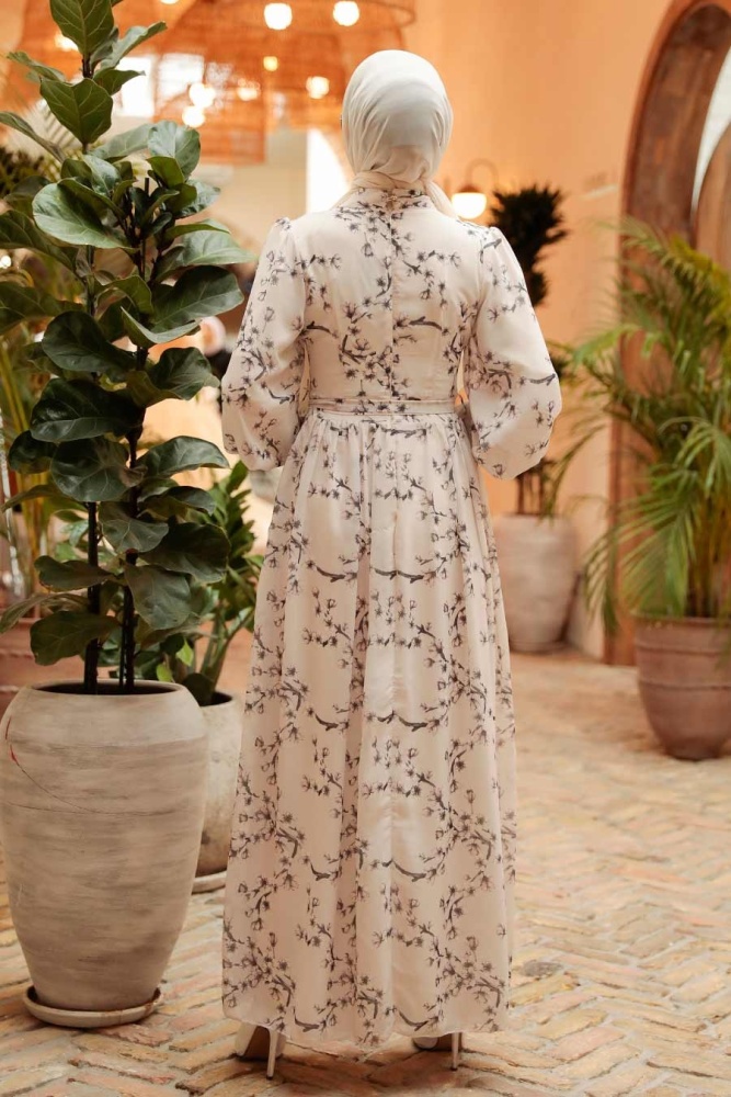 Neva Style - Çiçek Desenli Ekru Tesettür Elbise 56830E - 2