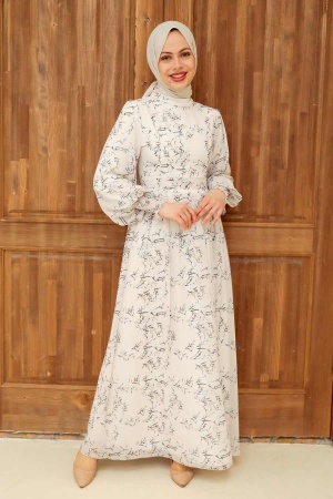 Neva Style - Çiçek Desenli Ekru Tesettür Elbise 5683E - 1