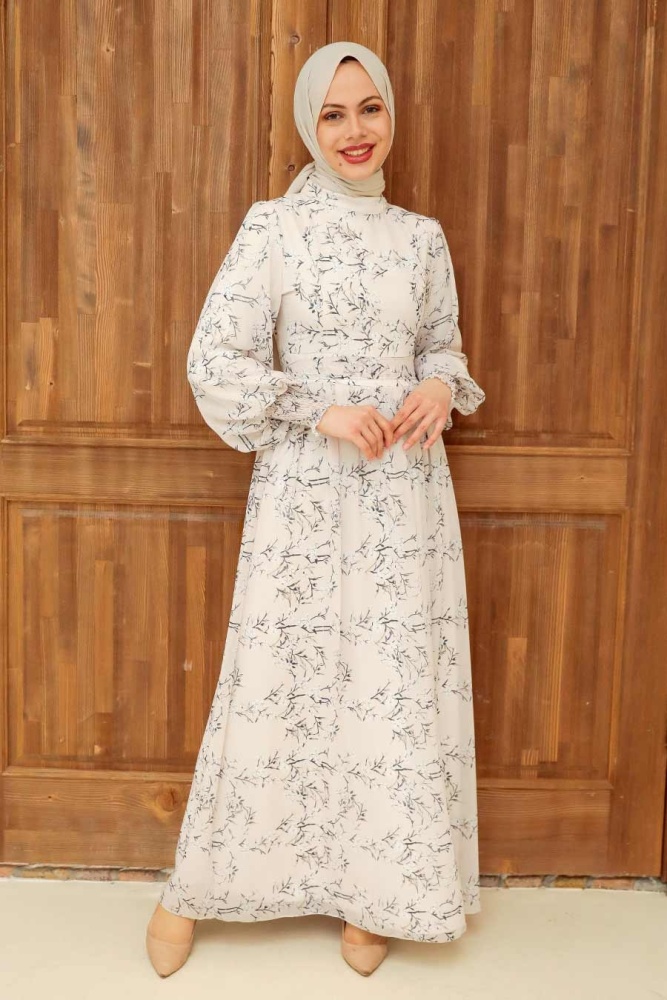 Neva Style - Çiçek Desenli Ekru Tesettür Elbise 5683E - 1
