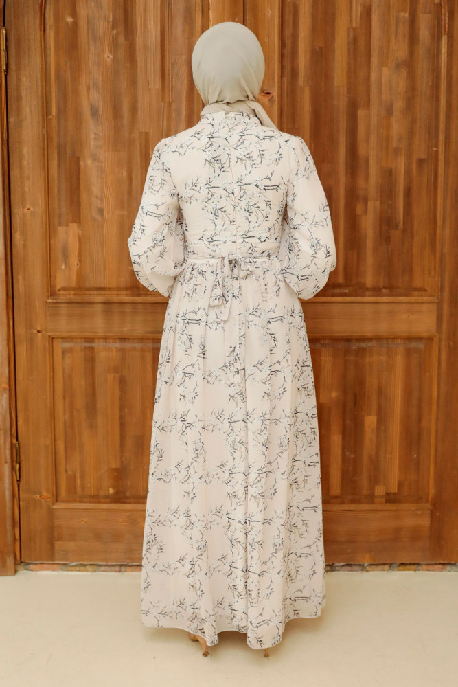 Neva Style - Çiçek Desenli Ekru Tesettür Elbise 5683E - 2
