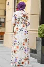 Neva Style - Çiçek Desenli Ekru Tesettür Elbise 815249E - Thumbnail