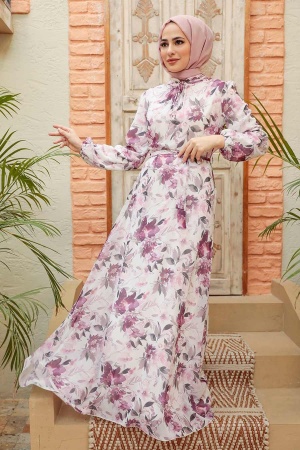  Neva Style - Çiçek Desenli Ekru Tesettür Elbise 279014E - 1