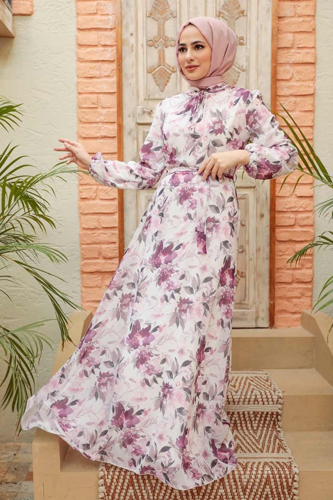  Neva Style - Çiçek Desenli Ekru Tesettür Elbise 279014E - 1