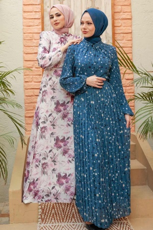  Neva Style - Çiçek Desenli Ekru Tesettür Elbise 279014E - 2