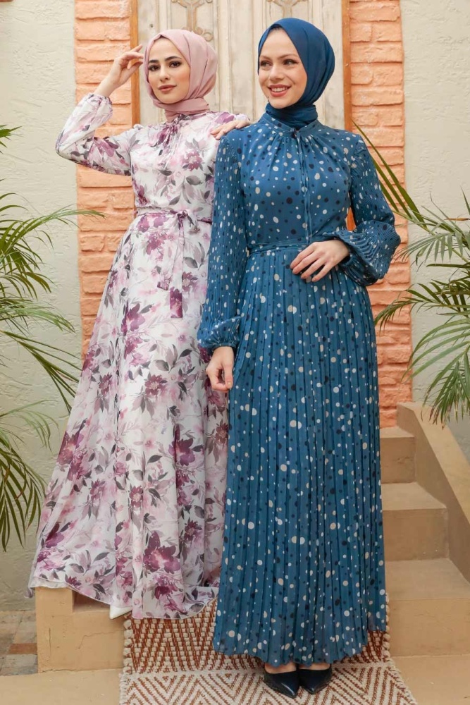 Neva Style - Çiçek Desenli Ekru Tesettür Elbise 279014E - 3