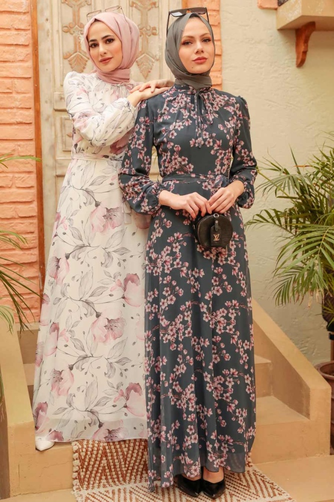 Neva Style - Çiçek Desenli Ekru Tesettür Elbise 279017E - 2