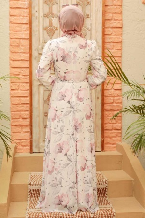 Neva Style - Çiçek Desenli Ekru Tesettür Elbise 279017E - 4