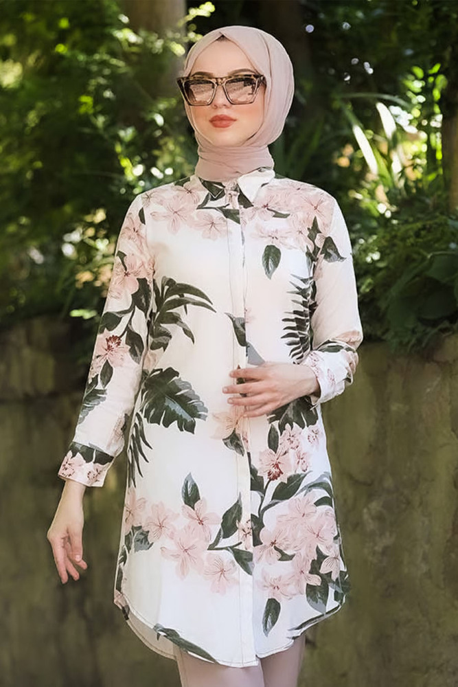 Neva Style - Çiçek Desenli Ekru Tesettür Viskon Tunik 10520E - 1
