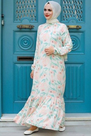 Neva Style - Çiçek Desenli Ekru Viskon Tesettür Elbise 11840E - Thumbnail