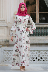Neva Style - Çiçek Desenli Fırfırlı Ekru Tesettür Elbise 3133E - Thumbnail