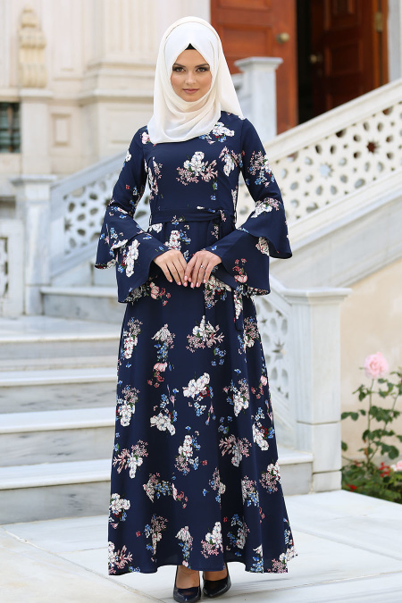 Neva Style - Çiçek Desenli Fırfırlı Lacivert Tesettür Elbise 3133L