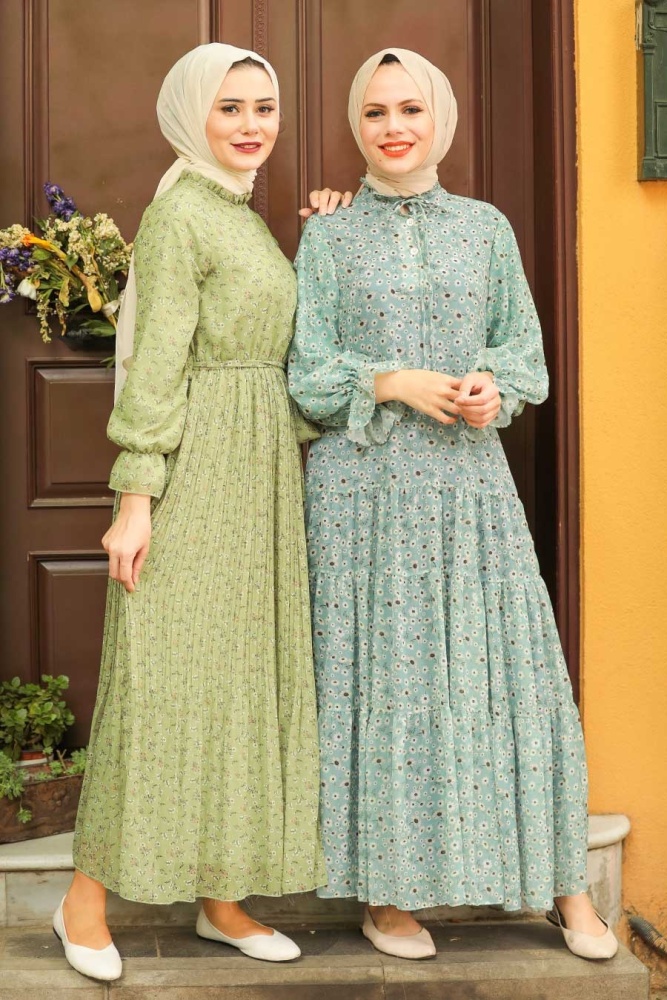 Çiçek Desenli Fıstık Yeşili Tesettür Elbise 1477FY - 3