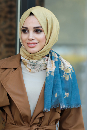 Neva Style - Çiçek Desenli Füme Şifon Şal 7559FU - 1