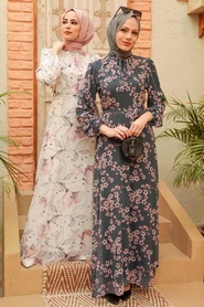 Neva Style - Çiçek Desenli Füme Tesettür Elbise 279033FU - Thumbnail