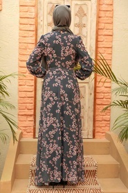 Neva Style - Çiçek Desenli Füme Tesettür Elbise 279033FU - Thumbnail