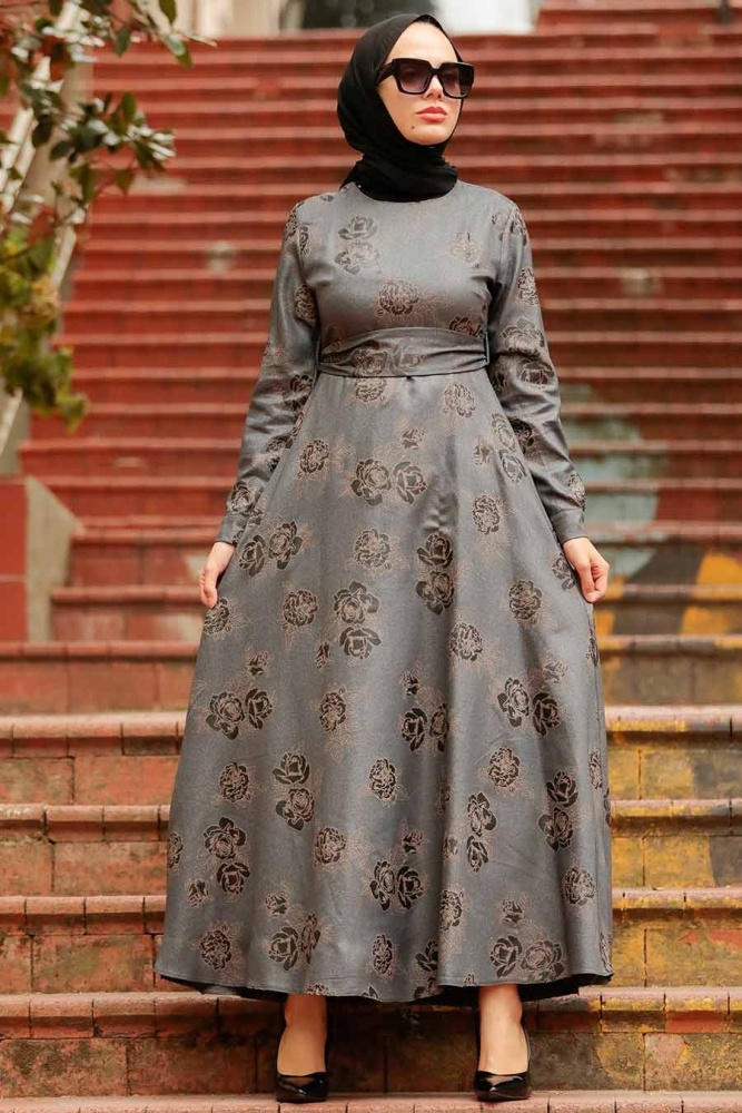 Neva Style - Çiçek Desenli Füme Tesettür Elbise 75910FU - 1