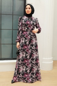 Neva Style - Çiçek Desenli Fuşya Tesettür Elbise 279014F - Thumbnail