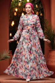 Neva Style - Çiçek Desenli Fuşya Tesettür Elbise 30065F - Thumbnail