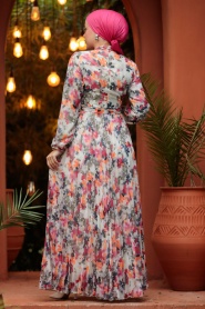 Neva Style - Çiçek Desenli Fuşya Tesettür Elbise 30065F - Thumbnail